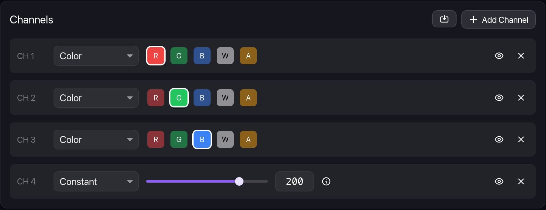 Three color channels and a constant channel