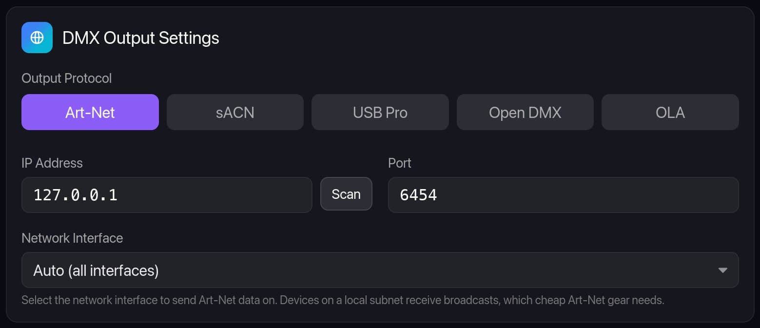 DMX output settings