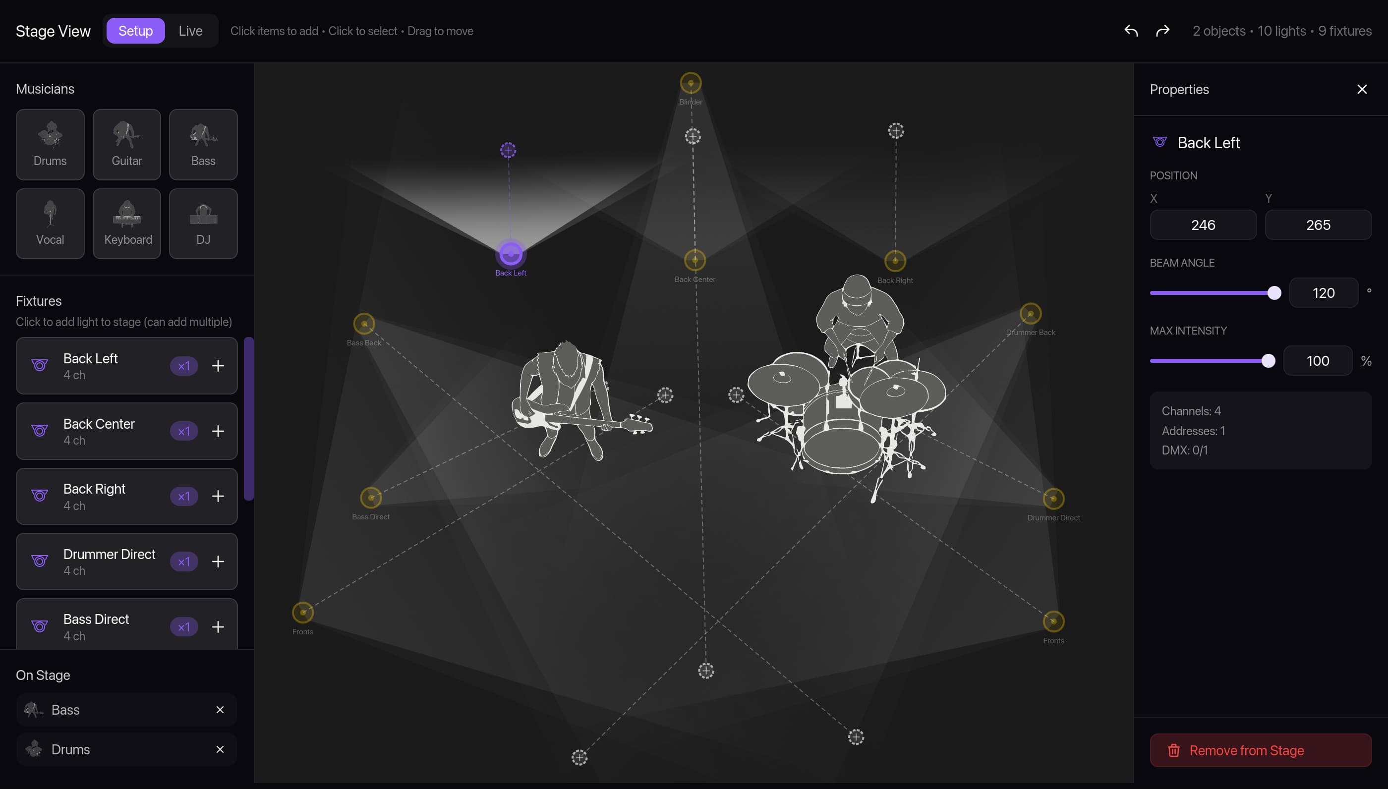 The Stage tab in Setup mode with numbered callouts