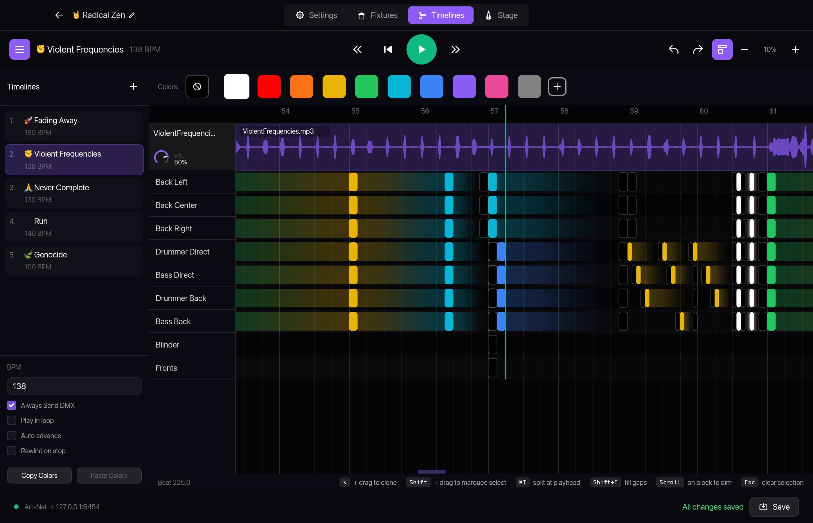 The DMXRoll timeline: an audio waveform on top and colored blocks on one track per light